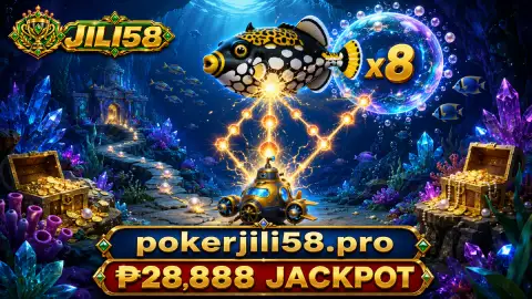 JILI58 fishing scene with shell, koi and dragon-fish motifs crowding the underwater lane