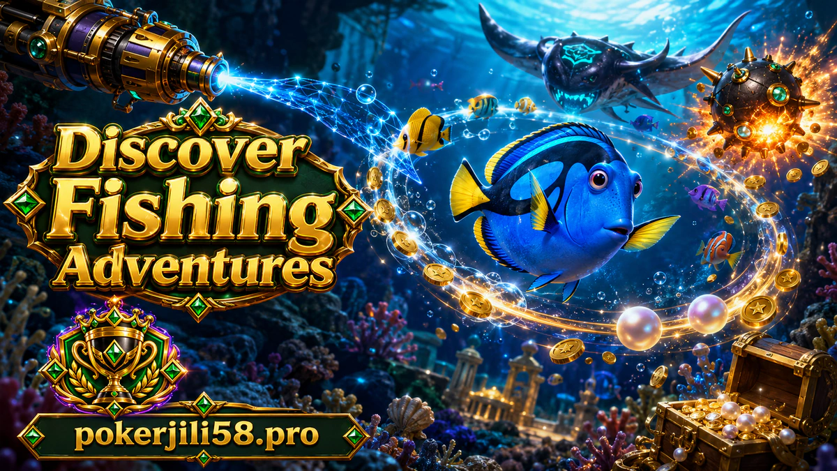 JILI58 game download fishing scene with a gold-green fish crossing dark water beside a compact cannon