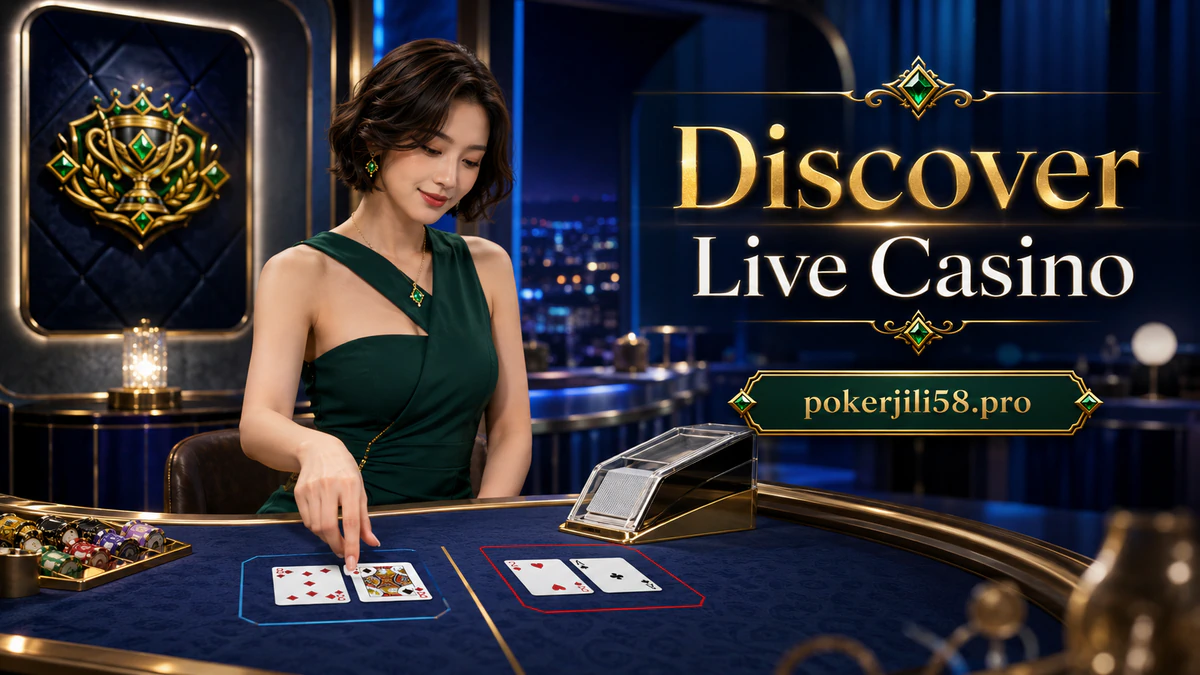 JILI58 online casino emerald table with card edges, restrained gold chips, and soft-focus dealer hands