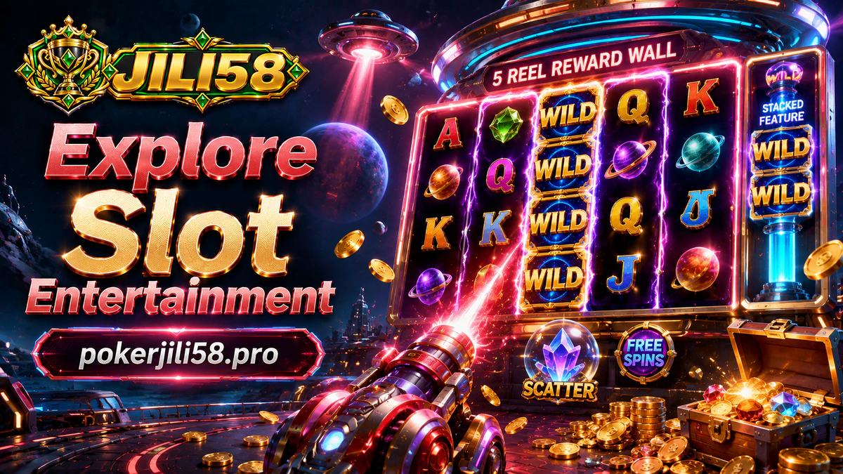 JILI58 slot games scene with gold-edged reels, emerald gem and crown motifs, and restrained amethyst sparks